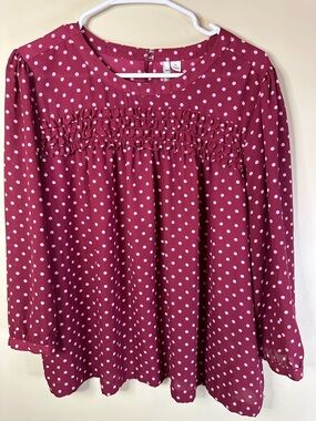 Elle XL Wine Red and Pink Polka Dot Long Sleeve Romantic Peasant Blouse